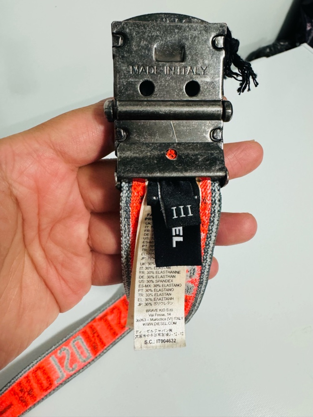 Diesel Grey Web Belt with Red & White Logo and Distressed Silver Buckle - Picture 5 of 6